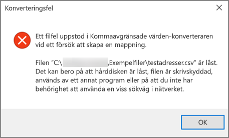 Det här är felmeddelandet som visas om .csv-filen har dåligt formaterade data.