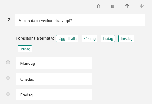 Urval av föreslagna svarsalternativ för en fråga