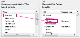 Mappa en kolumn från Excel till ett kontaktfält i Outlook