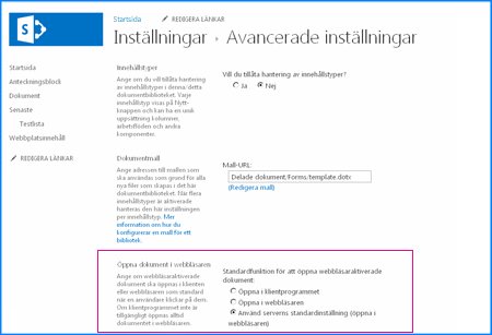 Skärmbild av sidan Avancerade inställningar för ett dokumentbibliotek i SharePoint