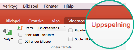 När en video markeras i en bild visas fliken Uppspelning i menyfliksområdet där du kan ställa in alternativ för videouppspelning.