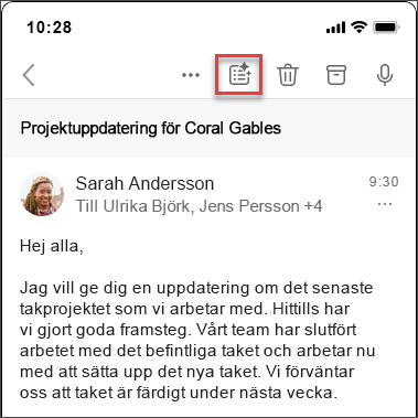 Copilot sammanfattar ikonen för att sammanfatta e-posttråd i iOS och Android.