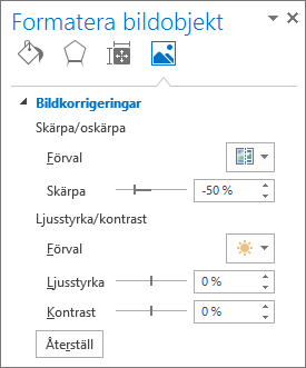 Alternativ för bildkorrigeringar i åtgärdsfönstret Formatera bild