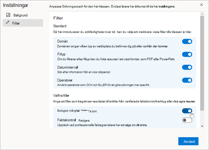 Skärmbild av ett anpassat filter som det visas i inställningen "filter" när det har skapats. den aktiveras och inaktiveras