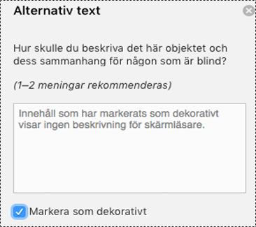 Kryssrutan Markera som dekorativt markerad i fönstret Alternativtext i Word för Mac.