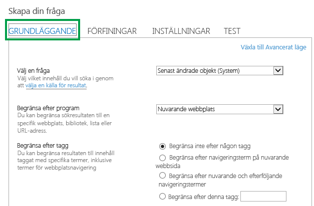 Fliken BASIC vid konfigurering av frågan i webbdelen Innehållssökning