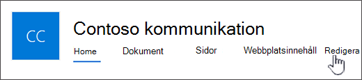 Övre menyn på kommunikationswebbplatsen