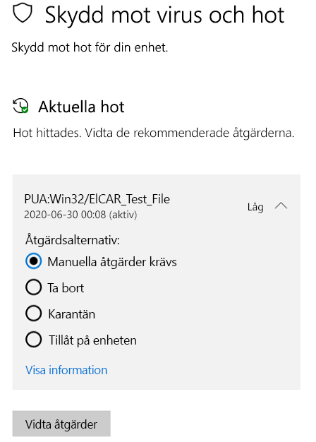 De åtgärder som du kan vidta när Windows-säkerhet har hittat ett potentiellt oönskat program