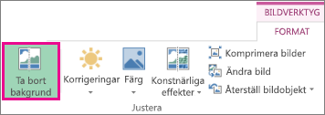 Knappen Ta bort bakgrund finns i gruppen Justera på formateringsfliken Bildverktyg