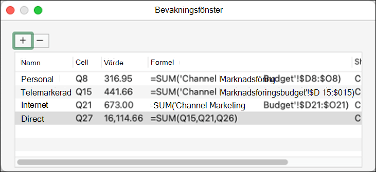 Visningsfönstret i Excel 2021 för Mac visar namn, cell, värde och formel