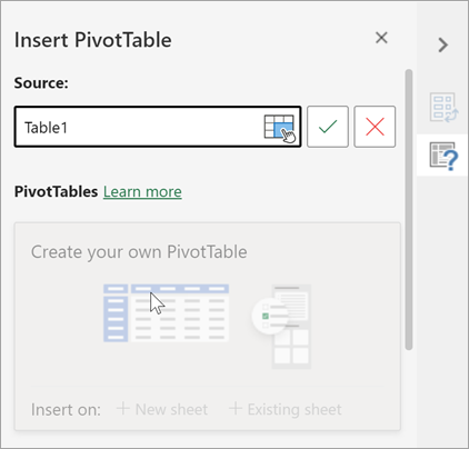 Fönstret Infoga pivottabell där du tillfrågas om att en tabell eller ett område ska användas som källa och att du kan ändra målet.