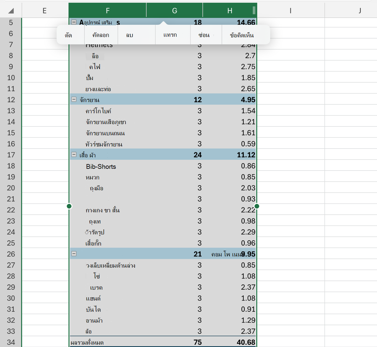 ลบคอลัมน์ที่ขยาย PivotTable บน iPad