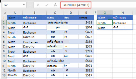 การใช้ UNIQUE เพื่อส่งกลับรายการพนักงานขาย