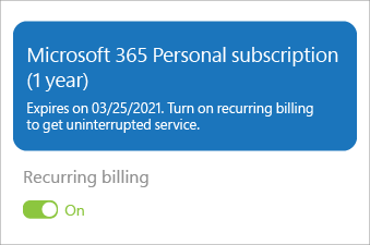 แสดงการสมัครใช้งาน Microsoft 365 Personal ที่เปิดการเรียกเก็บเงินตามระยะเวลาที่กําหนด