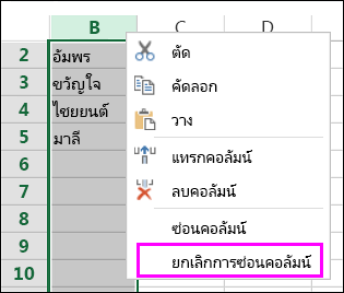 ตัวเลือก ยกเลิกการซ่อน