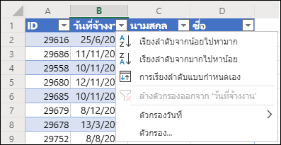 ใช้ตัวกรองตารางของ Excel เพื่อเรียงลำดับจากน้อยไปหามากหรือจากมากไปหาน้อย