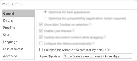 กล่องโต้ตอบ ตัวเลือก > ไฟล์ แสดงตัวเลือก ยุบกล่อง Microsoft Search ตามค่าเริ่มต้น