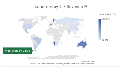 แผนภูมิแผนที่ของ Excel ที่แสดงค่าด้วย ประเทศตาม % รายได้ภาษี