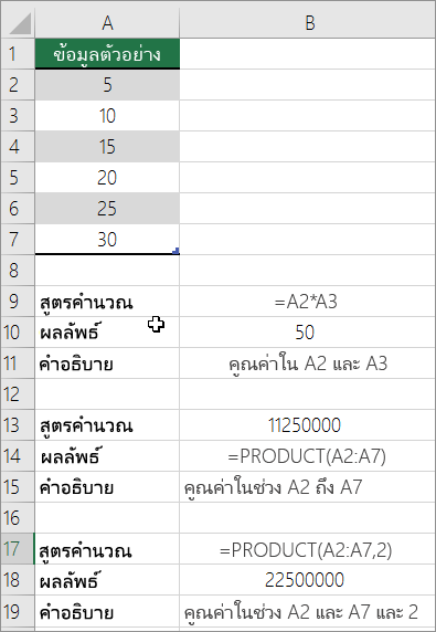 คูณตัวเลขโดยใช้ฟังก์ชัน PRODUCT