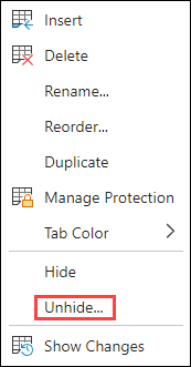 ยกเลิกการซ่อนใน Excel สําหรับเว็บ