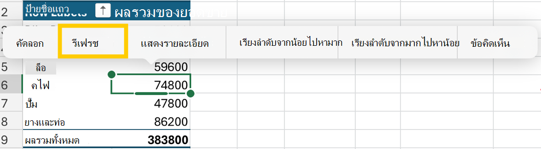 รีเฟรช PivotTable จากเมนูบริบทบน iPad