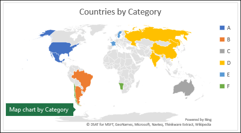 แผนภูมิแผนที่ของ Excel ที่แสดงประเภทที่มี ประเทศตามประเภท