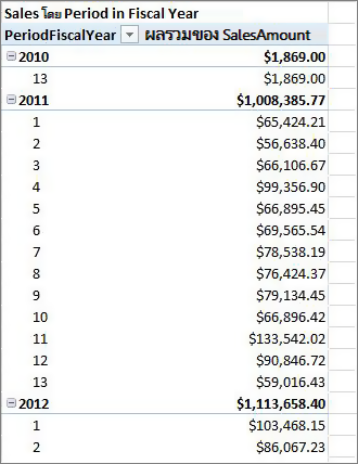 PivotTable ตัวอย่างสำหรับปีงบประมาณ