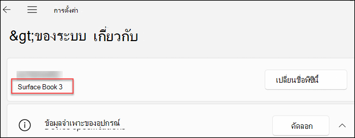 แสดงข้อมูลอุปกรณ์ใกล้กับด้านบนของหน้าต่างภายใต้ชื่อหน้าจอ