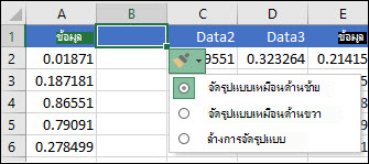 รูปภาพของปุ่ม ตัวเลือกการแทรก ที่แสดงหลังจากแทรกแถวหรือคอลัมน์