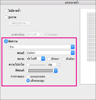 กล่องโต้ตอบ แทรกลายน้ำ ที่มีการเน้นรอบตัวเลือกข้อความ