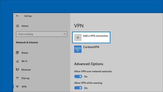 ตำแหน่งที่ตั้งของปุ่มเพิ่มการเชื่อมต่อ VPN ในการตั้งค่า