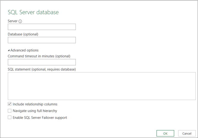 กล่องโต้ตอบ ฐานข้อมูล SQL Server