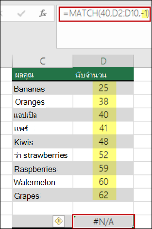 ฟังก์ชัน match ของ Excel