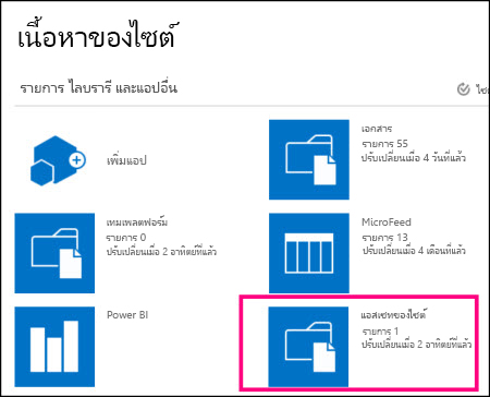 หน้า เนื้อหาของไซต์ บนไซต์ทั่วไปใน SharePoint Online ที่เน้นไทล์ แอสเซทของไซต์