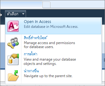 เมนูตัวเลือกของไซต์ฐานข้อมูลบนเว็บบน SharePoint