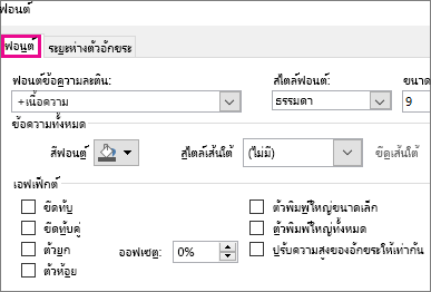 กล่องโต้ตอบฟอนต์ใน Excel