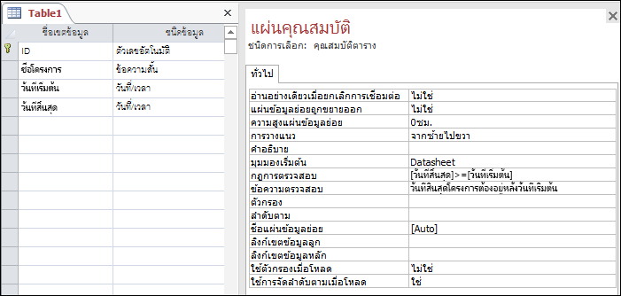 กฎการตรวจสอบตารางในตัวออกแบบตาราง Access