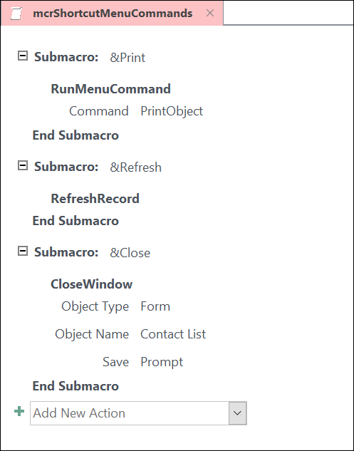 สกรีนช็อตของหน้าต่างการออกแบบแมโคร Access ที่มีคําสั่งแมโครย่อยสามคําสั่ง