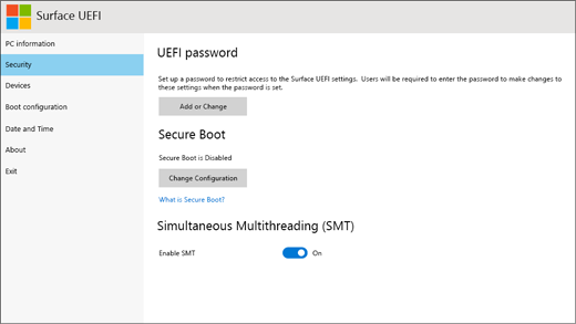 สกรีนช็อตของหน้าจอการรักษาความปลอดภัยใน Surface UEFI