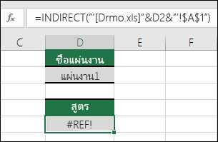 ตัวอย่างของข้อผิดพลาด #REF! ที่มีเหตุมาจาก INDIRECT ที่อ้างอิงเวิร์กบุ๊กแบบปิด