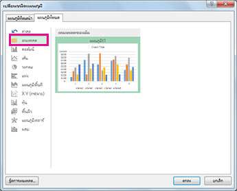 โฟลเดอร์ เทมเพลต บนแท็บ แผนภูมิทั้งหมด ในกล่องโต้ตอบ แทรกแผนภูมิ