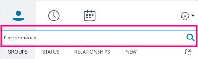 เมื่อกล่องค้นหาของ Skype for Business ว่างเปล่า แท็บที่มีให้ใช้งาน ได้แก่ กลุ่ม สถานะ ความสัมพันธ์ และสร้าง