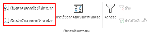 ปุ่มเรียงลำดับจากน้อยไปหามากหรือจากมากไปหาน้อยของ Excel บนแท็บข้อมูล