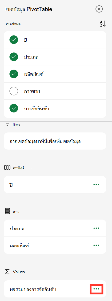 ค่าเขตข้อมูล PivotTable จุดไข่ปลาบน iPad