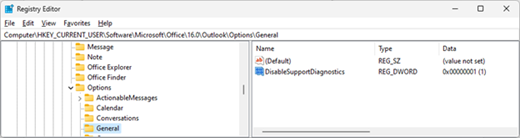 สกรีนช็อตของตัวแก้ไขรีจิสทรี - Outlook-Options-General