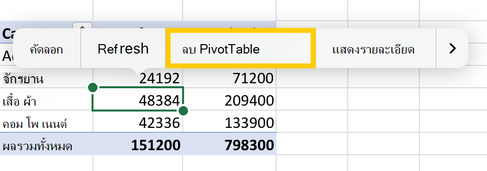 ลบตัวเลือก PivotTable จากเมนูบริบทบน iPad