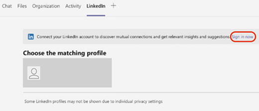 ในแท็บ LinkedIn ใน Teams กล่องสีแดงจะไฮไลต์ปุ่มลงชื่อเข้าใช้ทันที