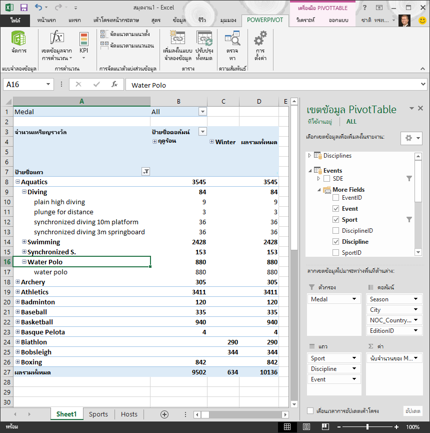 PivotTable ที่สร้างขึ้นโดยไม่ใช้ลำดับชั้น