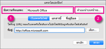 กล่องโต้ตอบไฮเปอร์ลิงก์ของ Office for Mac