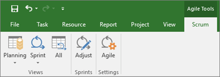 สกรีนช็อตของ Ribbon ของ Project ที่แสดงแท็บเครื่องมือ Agile